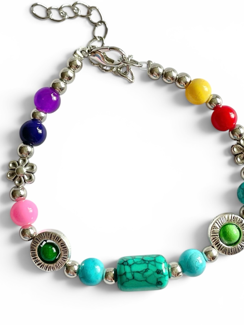 Silver Bracelet Beaded Bright Colors Ceramic Boho Turquoise & Flowers